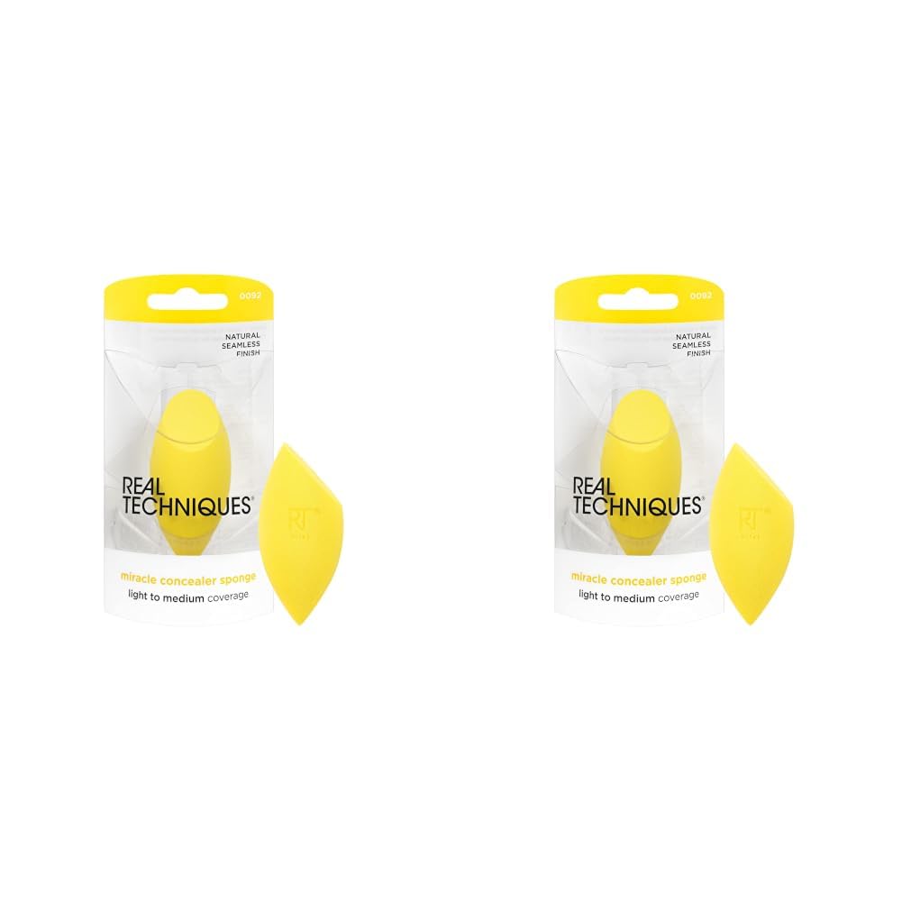 Real Techniques Miracle Concealer Sponge, Makeup Blending Sponge For Liquid & Cream Concealer, Elongated Shape For Precise Application Under Eyes & Tight Areas, Yellow, Latex-Free Foam, 2 Count