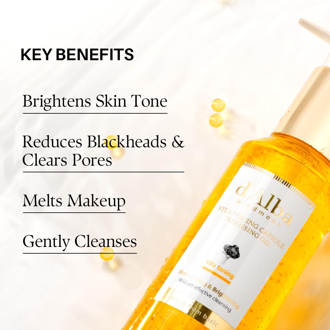 d'alba Piedmont Vita Toning Capsule Cleansing Oil (5.07 fl oz.), Vegan Skincare, Deep Cleansing Face Oil with Vitamin C, Glutathione & White Truffle, Makeup Remover, Pore Care