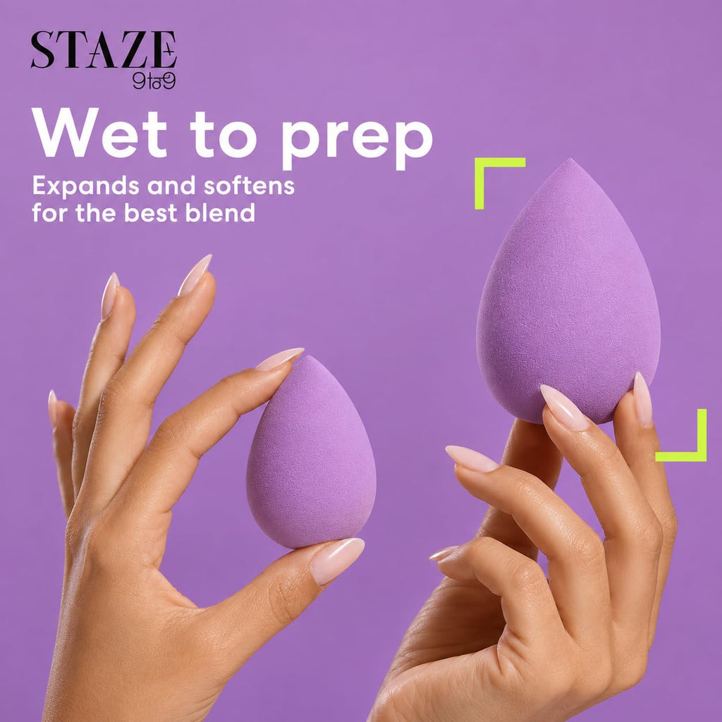 Staze 9to9 HD BlendPro Beauty Blender Velvety Soft Purpel Makeup Sponge | Super-Soft Blending Foam for Foundations, Powders and Creams | Reusable & Washable, Vegan & Cruelty-Free, Streak-Free Finish