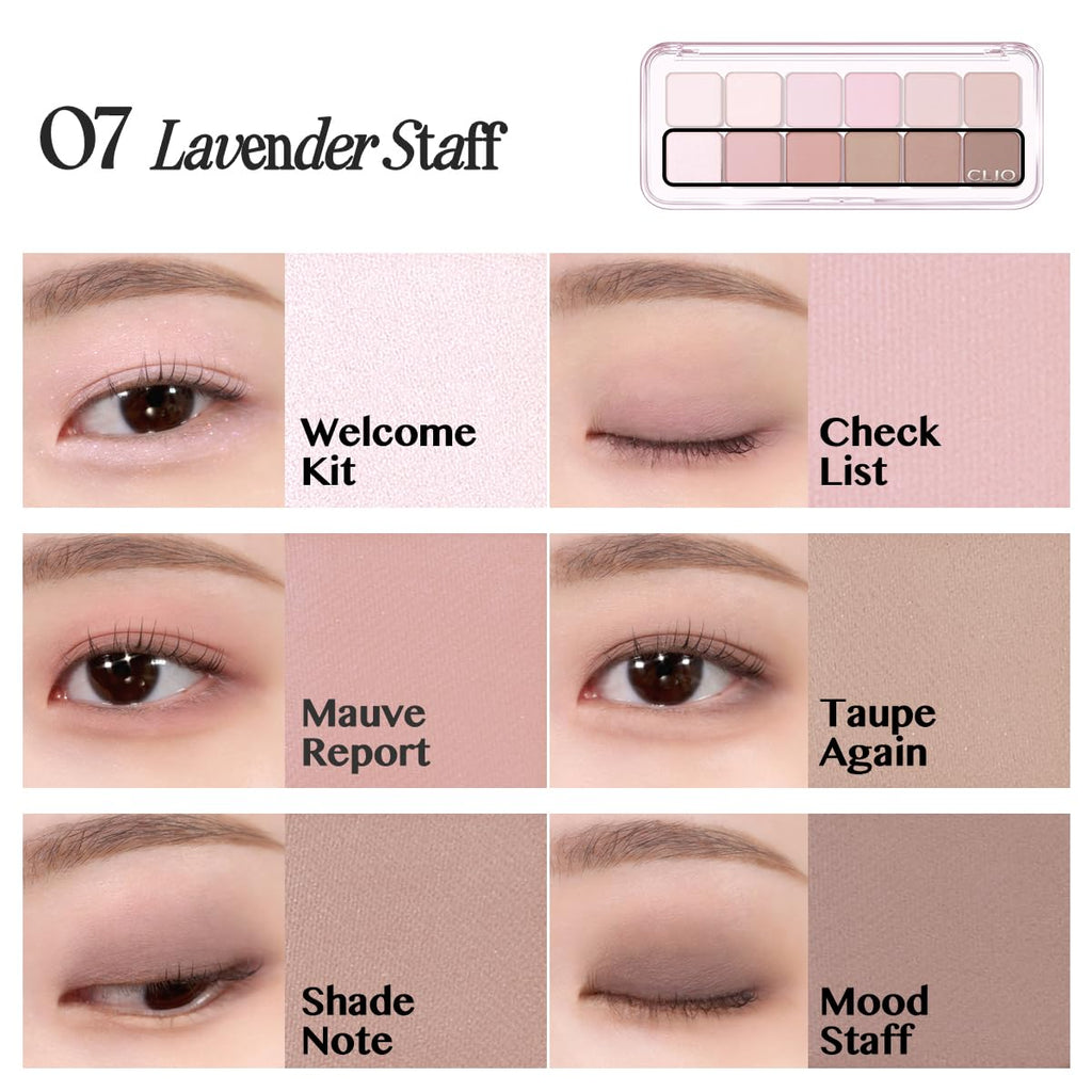CLIO Pro Eye Palette Air, 12-Color Eye Shadow Palette, Matte Shimmer Mix, Air-Fit Blendable Pigmented Buildable Color, Low Fallout, Cool Mauve Neutral Tone, Daily Korean Makeup (07 LAVENDER STAFF)