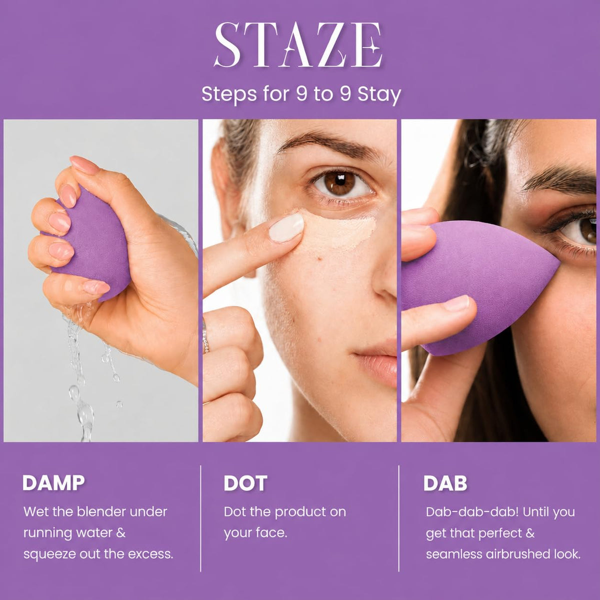 Staze 9to9 HD BlendPro Beauty Blender Velvety Soft Purpel Makeup Sponge | Super-Soft Blending Foam for Foundations, Powders and Creams | Reusable & Washable, Vegan & Cruelty-Free, Streak-Free Finish