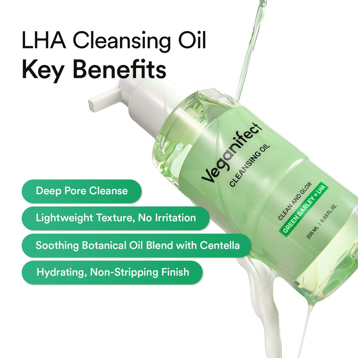 VEGANIFECT LHA Cleansing Oil, Pore Control, Blackhead Remover & Sebum Care, Gentle Melting Oil Cleanser for Face, Makeup Remover, Korean Skincare 205ml/6.93 fl oz