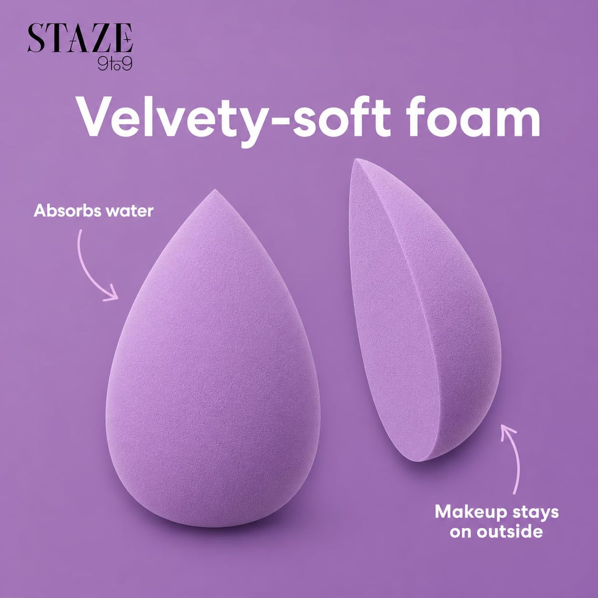 Staze 9to9 HD BlendPro Beauty Blender Velvety Soft Purpel Makeup Sponge | Super-Soft Blending Foam for Foundations, Powders and Creams | Reusable & Washable, Vegan & Cruelty-Free, Streak-Free Finish