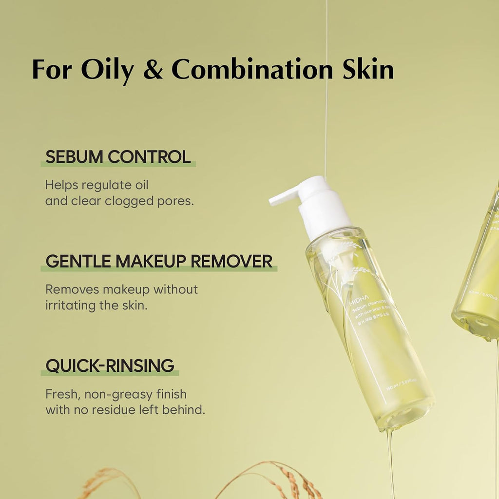 MIDHA Sebum Cleansing Oil with rice bran & tea tree,5.07fl.oz/150ml, Gentle Makeup Remover, Hydrating, Lightweight, Plant-Based, Tea Tree, Sebum Control, Moisturising, First-Step Cleanser