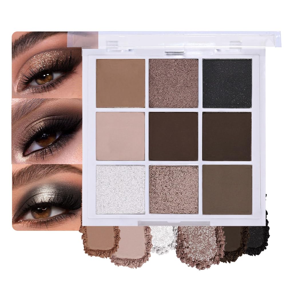 evpct 9 Colors Brown Nude Gold Black Smokey Glitter Eyeshadow Palette