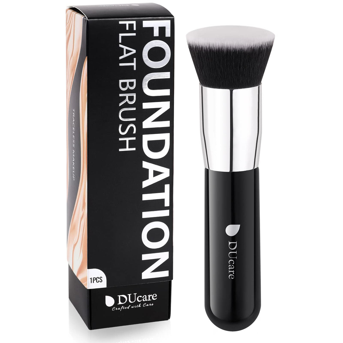 DUcare Foundation Brush with Makeup Sponges 5pcs Puff Flat Top Kabuki Brush for Liquid Blending Mineral Powder Buffing Stippling