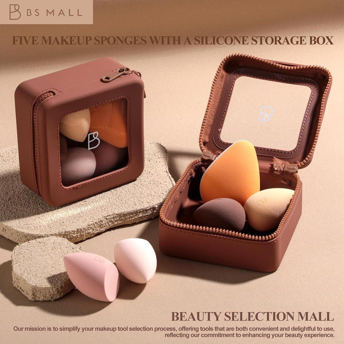 BS-MALL Makeup Sponge Set Pro Version– V3.0 Soft Blending Tech For Foundation Blending Blush Highlight 1 XL Dual-Use Makeup Sponge & Waterproof Silicone Cosmetic Travel Bag Brown