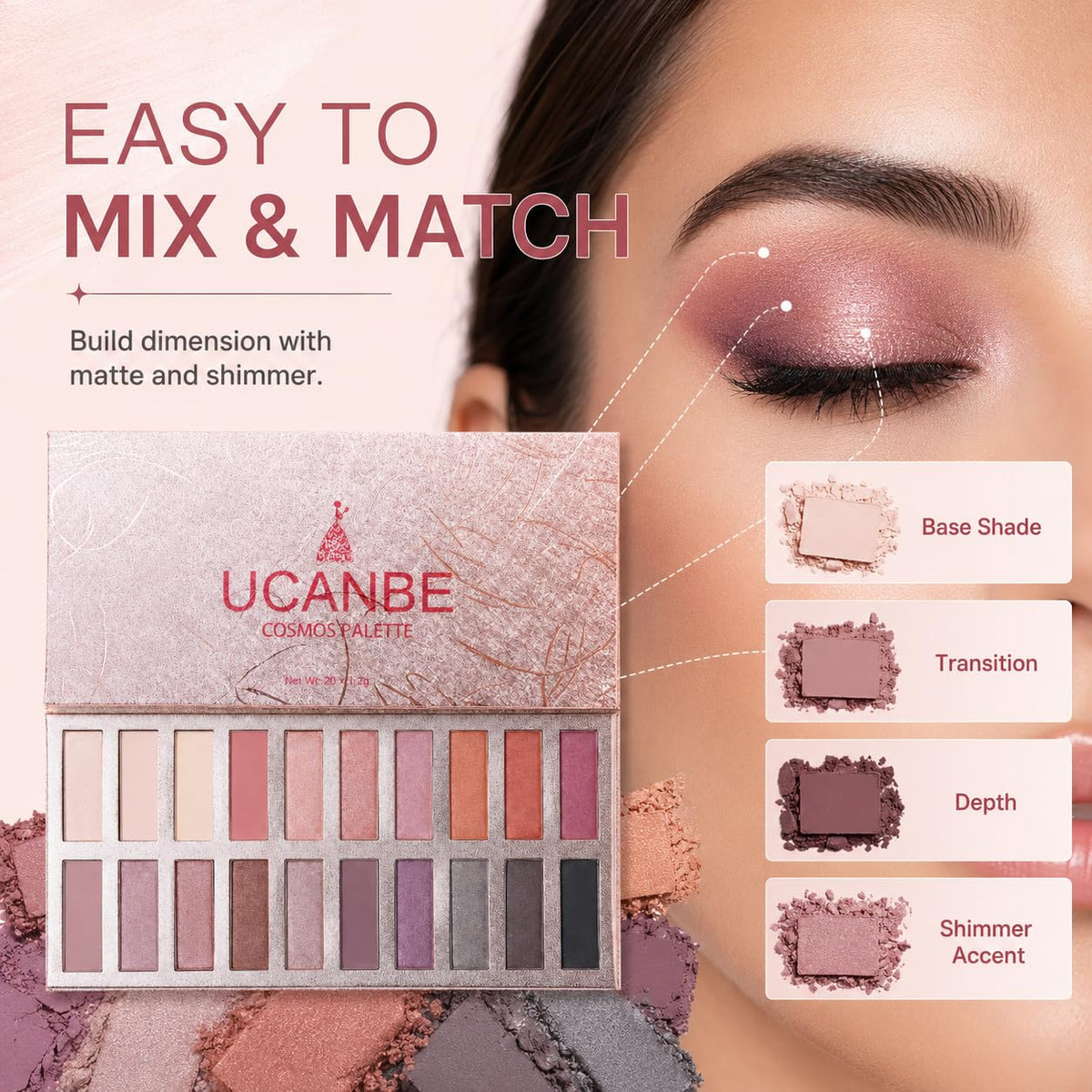 UCANBE 20 Colors Nude Eyeshadow Palette, High Pigmented Shimmer Matte Metallic Eye Shadow Pallets, Long Lasting Blendable Neutral Smokey Warm Bronze Eye Makeup