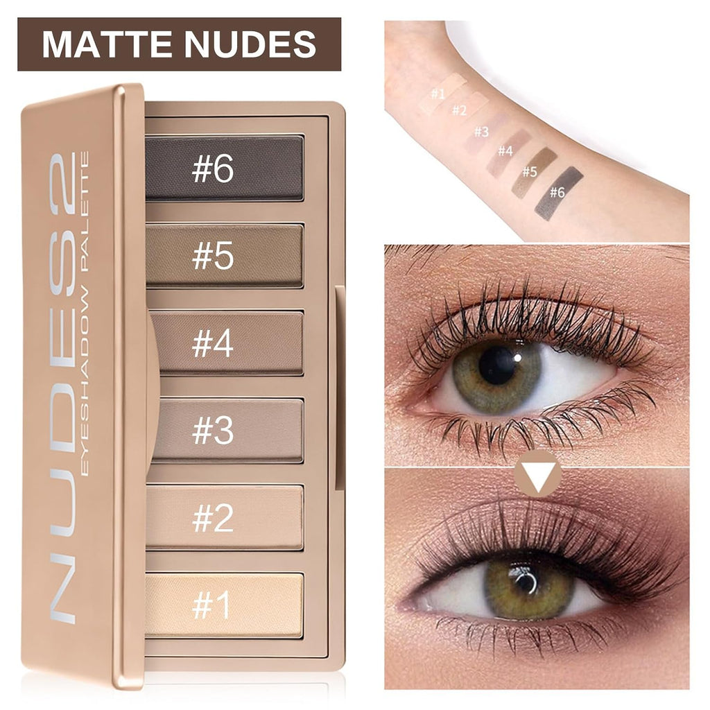 6 Matte Neutral Mini Eyeshadow Palette with Brush - Ultra Blendable Cool-Tone Nude Smokey Eye Shadow Palette, Long-lasting Wear Smooth Texture