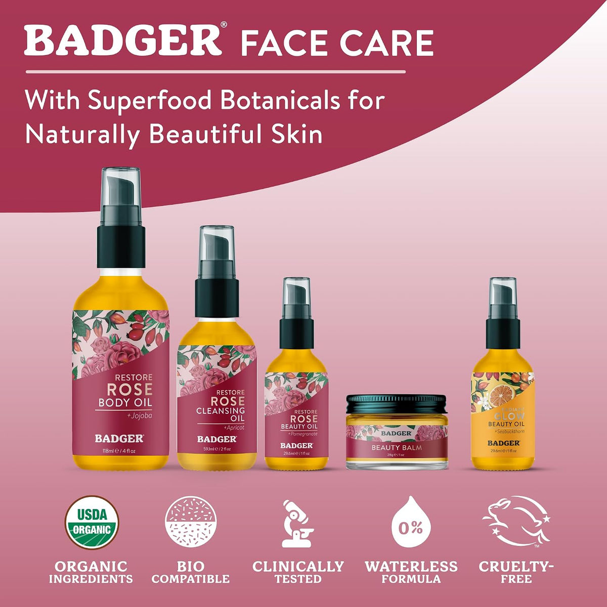 Badger Rose Face Cleansing Oil, 2 fl oz Glass Bottle