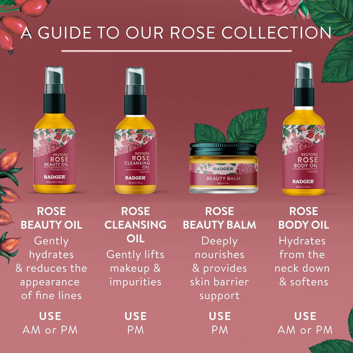 Badger Rose Face Cleansing Oil, 2 fl oz Glass Bottle