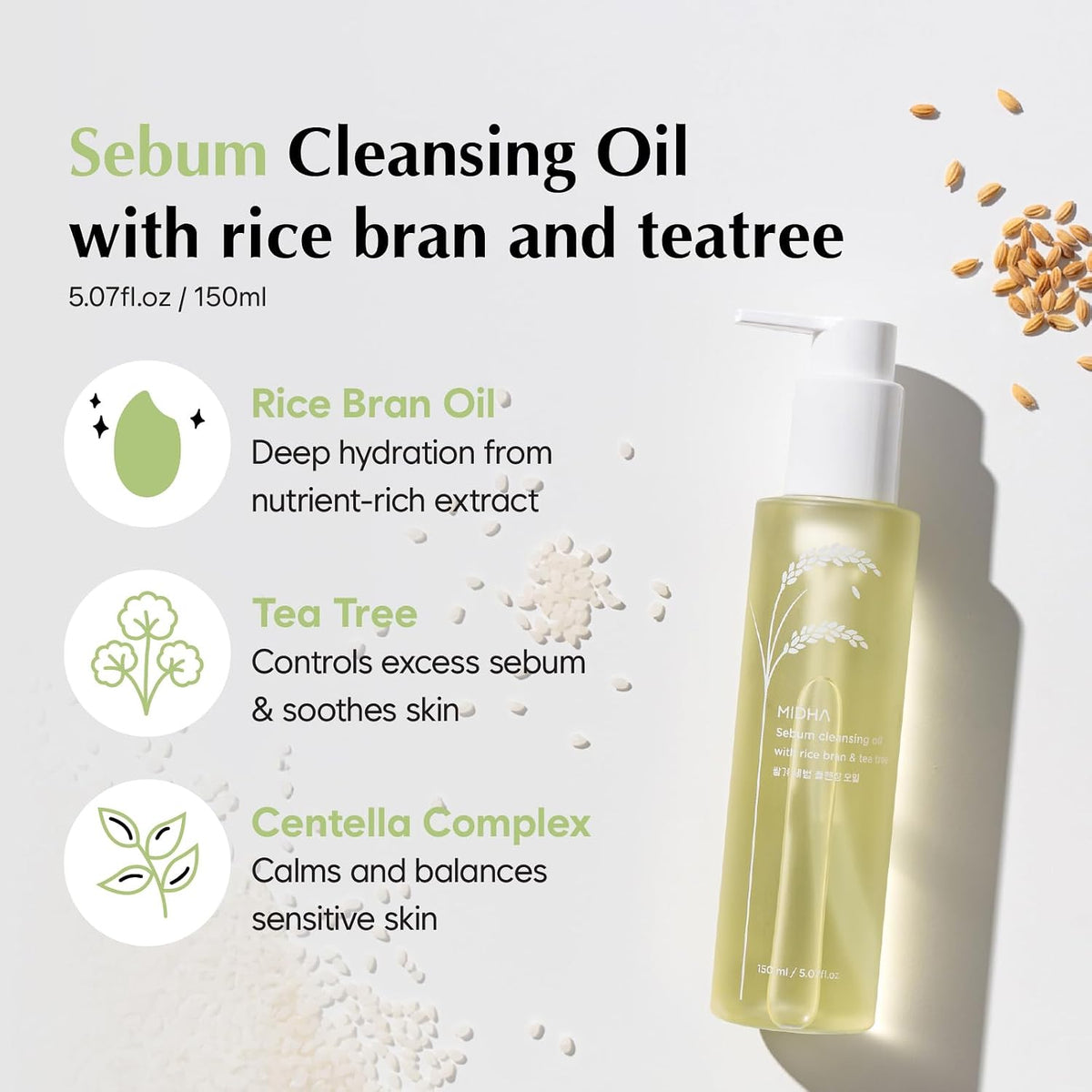 MIDHA Sebum Cleansing Oil with rice bran & tea tree,5.07fl.oz/150ml, Gentle Makeup Remover, Hydrating, Lightweight, Plant-Based, Tea Tree, Sebum Control, Moisturising, First-Step Cleanser