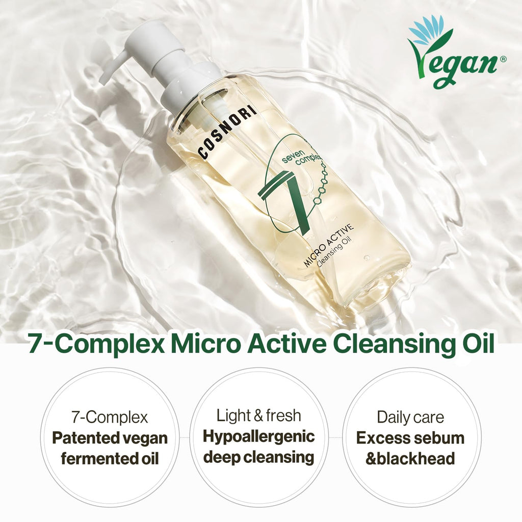 COSNORI 7-Complex Micro Active Cleansing Oil – Korean Vegan Facial Cleansing Oil, Fresh and Light Finish – Gentle Makeup Remover for Face, Hypoallergic, Fermented 7-Oil Complexes, 6.7 fl.oz.
