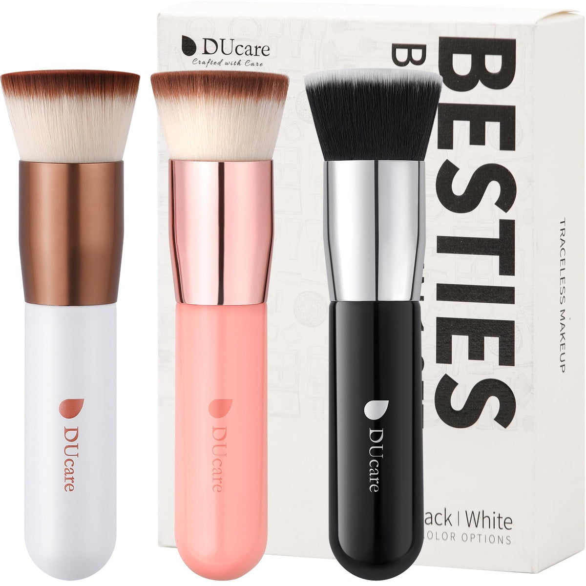DUcare Foundation Brush with Makeup Sponges 5pcs Puff Flat Top Kabuki Brush for Liquid Blending Mineral Powder Buffing Stippling