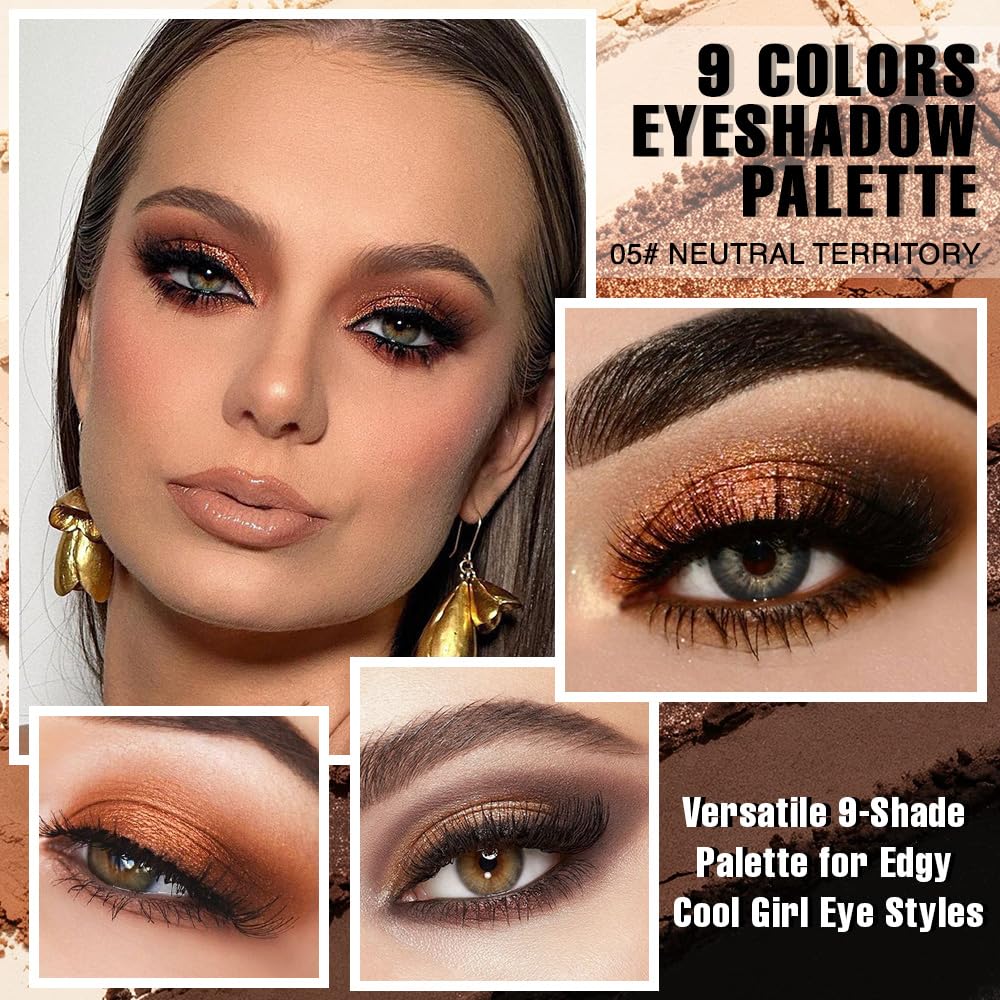 evpct 9 Colors Brown Nude Gold Black Smokey Glitter Eyeshadow Palette