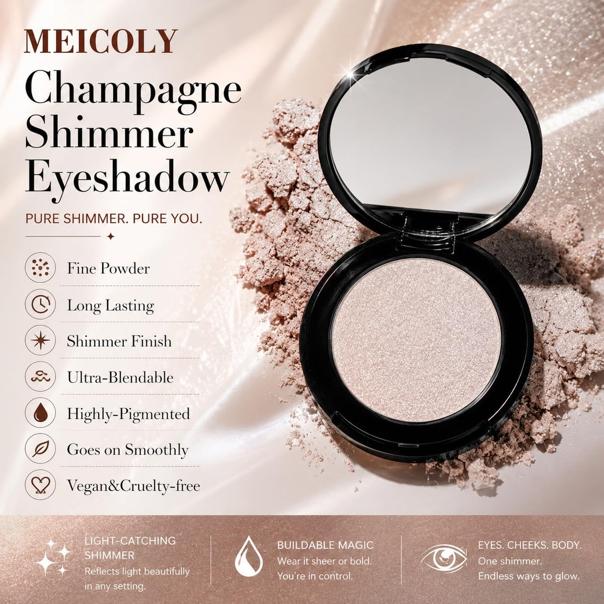 MEICOLY Champagne Shimmer Eyeshadow with Mirror,Shimmer Sparkly Eye Shadow Palette,Pressed Powder Single Eyeshadow for Women and Girls,Eye Makeup Eyelid Color,High Pigment,Long Wearing,Waterproof