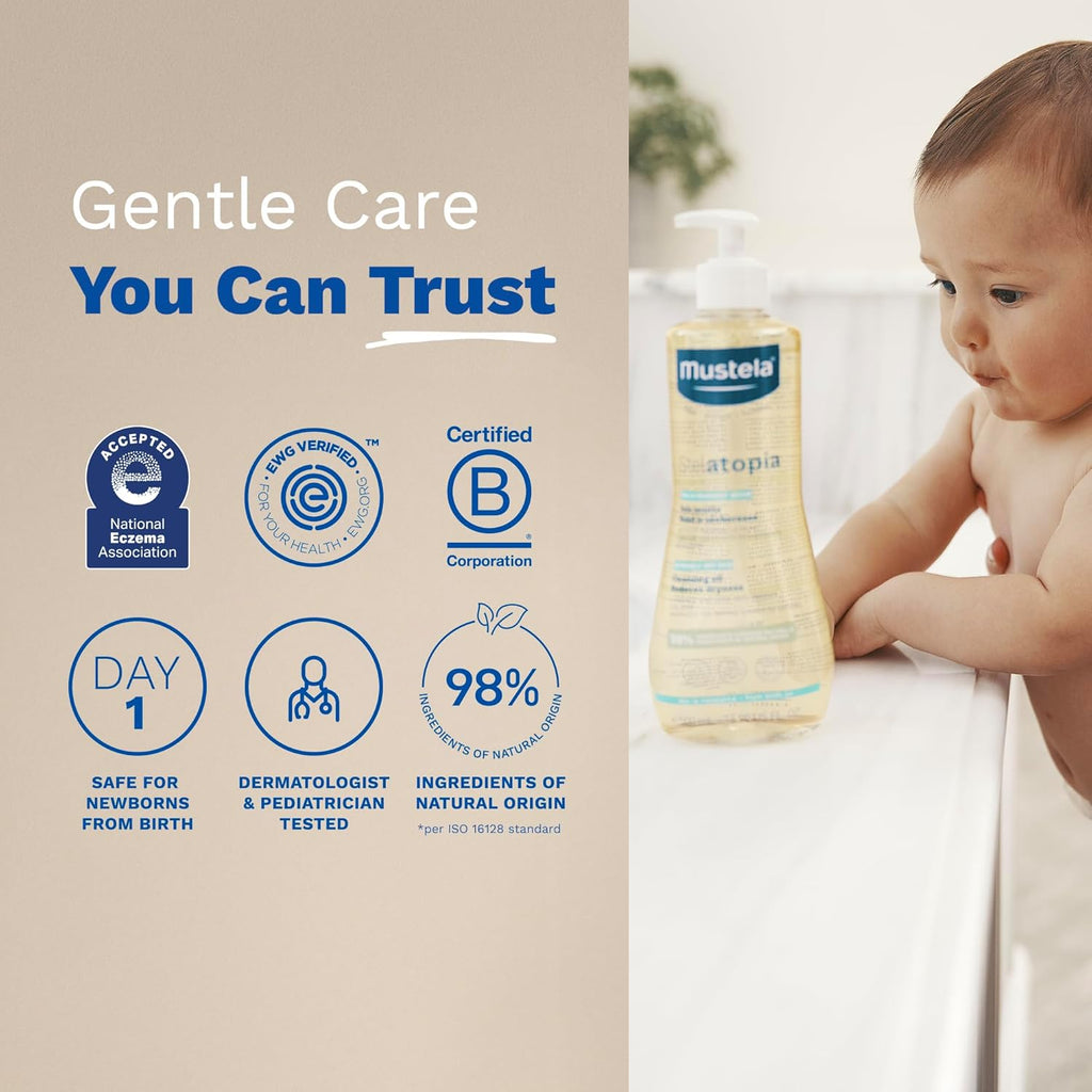 Mustela Stelatopia Eczema-Prone Skin Cleansing Oil - Baby Body Wash with Natural Avocado & Sunflower Oil - Family Skin Care Essentials - EWG Verified - Fragrance-Free & Tear Free - 16.9 fl. oz.