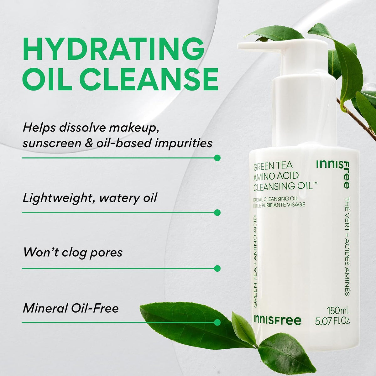 innisfree Green Tea Amino Acid Cleansing Oil | Hydrating Korean Face Wash with Jojoba for Double Cleansing | Gentle Makeup Remover | Sunscreen Dissolving Formula