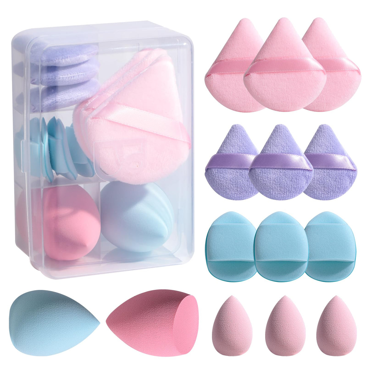 Makeup Sponge Set BS-MALL Triangle Puff 14PCS Non-Latex Beauty Blender Sponges with Travel Case, Soft Makeup Puff for Foundation, Concealer, Cream & Powder, Face & Eye Blending for Sensitive Skin