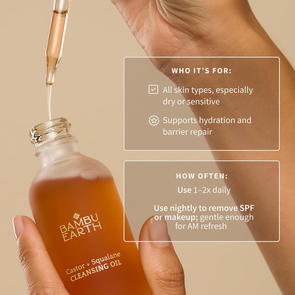 Bambu Earth Castor + Squalane Cleansing Face Oil - Gentle Formula Hydrating Makeup Remover - Restores Skin's Natural Moisture Barrier, Rich in Omega Fatty Acids, Skincare for All Skin Types - 2 Fl. oz