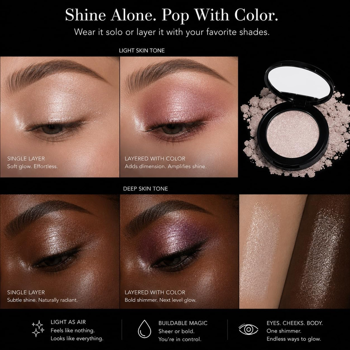 MEICOLY Champagne Shimmer Eyeshadow with Mirror,Shimmer Sparkly Eye Shadow Palette,Pressed Powder Single Eyeshadow for Women and Girls,Eye Makeup Eyelid Color,High Pigment,Long Wearing,Waterproof