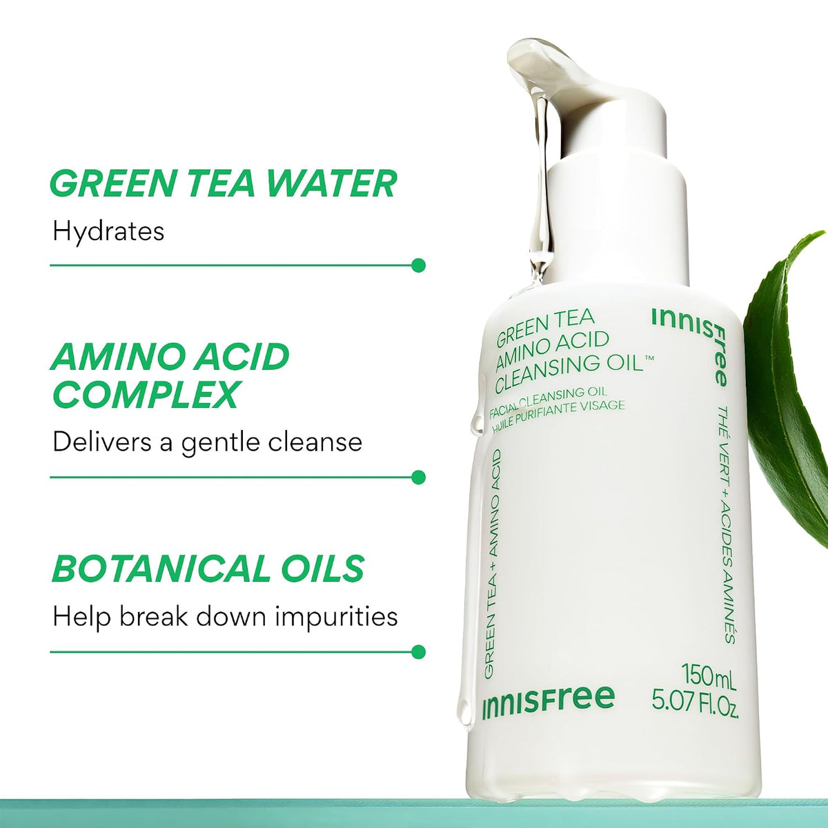 innisfree Green Tea Amino Acid Cleansing Oil | Hydrating Korean Face Wash with Jojoba for Double Cleansing | Gentle Makeup Remover | Sunscreen Dissolving Formula