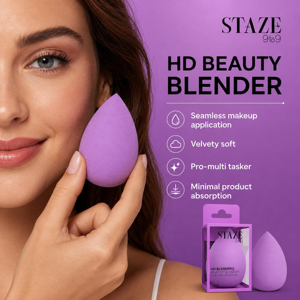 Staze 9to9 HD BlendPro Beauty Blender Velvety Soft Purpel Makeup Sponge | Super-Soft Blending Foam for Foundations, Powders and Creams | Reusable & Washable, Vegan & Cruelty-Free, Streak-Free Finish