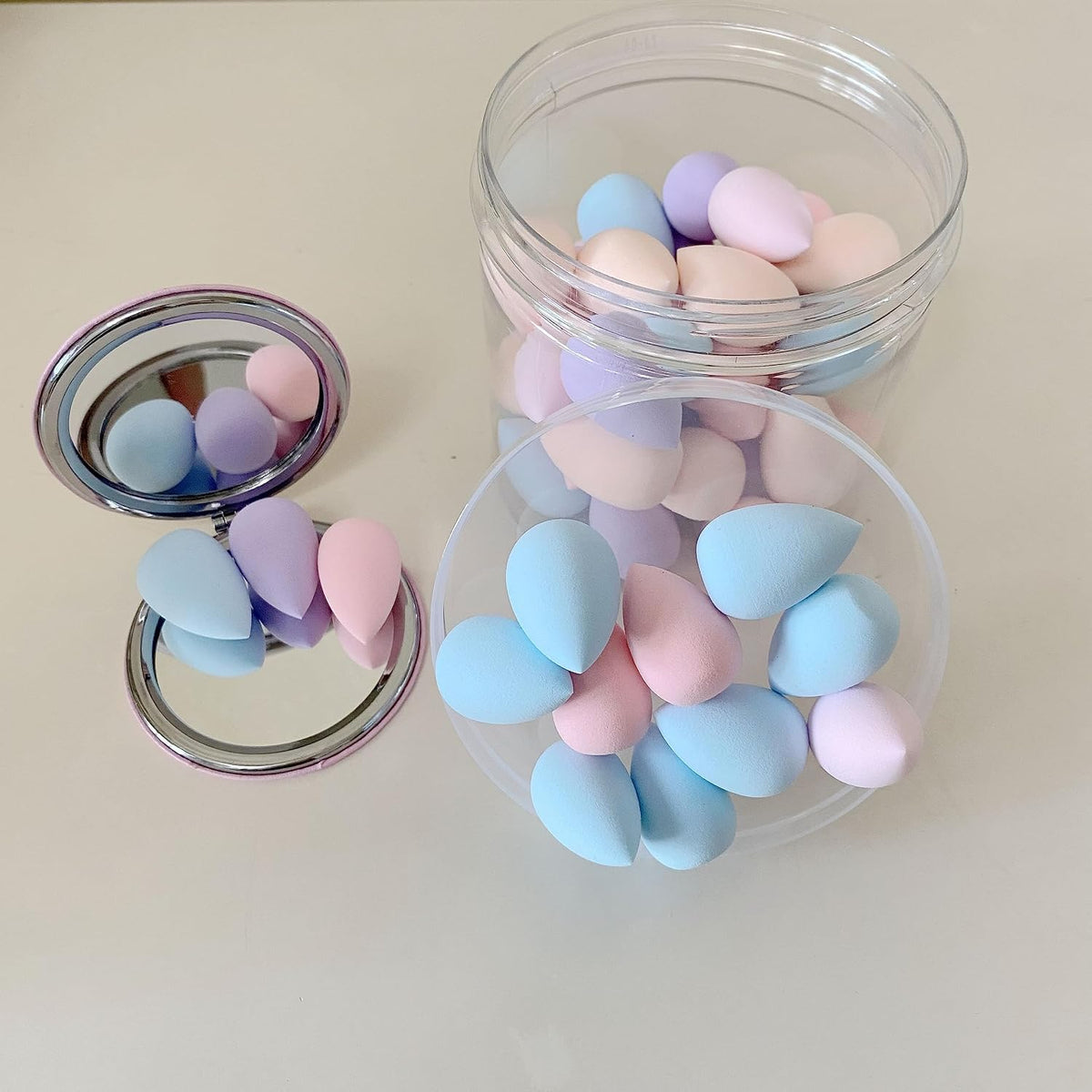 50 PCS Small Mini Makeup Sponges and Powder Puff with Makeup Mirror, Multi Colored Beauty Blender Makeup Sponge Facial Makeup Tools (Sponge egg)