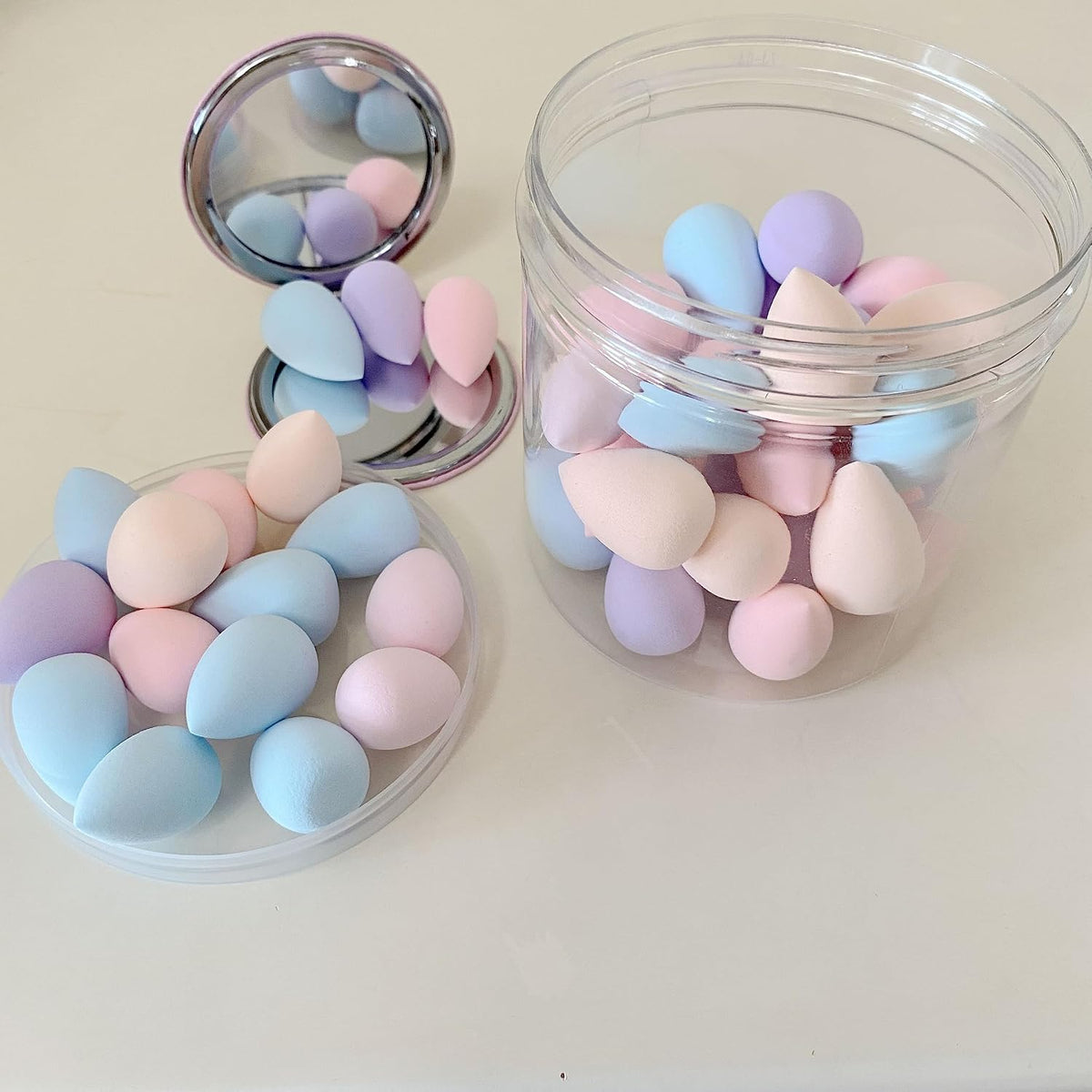 50 PCS Small Mini Makeup Sponges and Powder Puff with Makeup Mirror, Multi Colored Beauty Blender Makeup Sponge Facial Makeup Tools (Sponge egg)