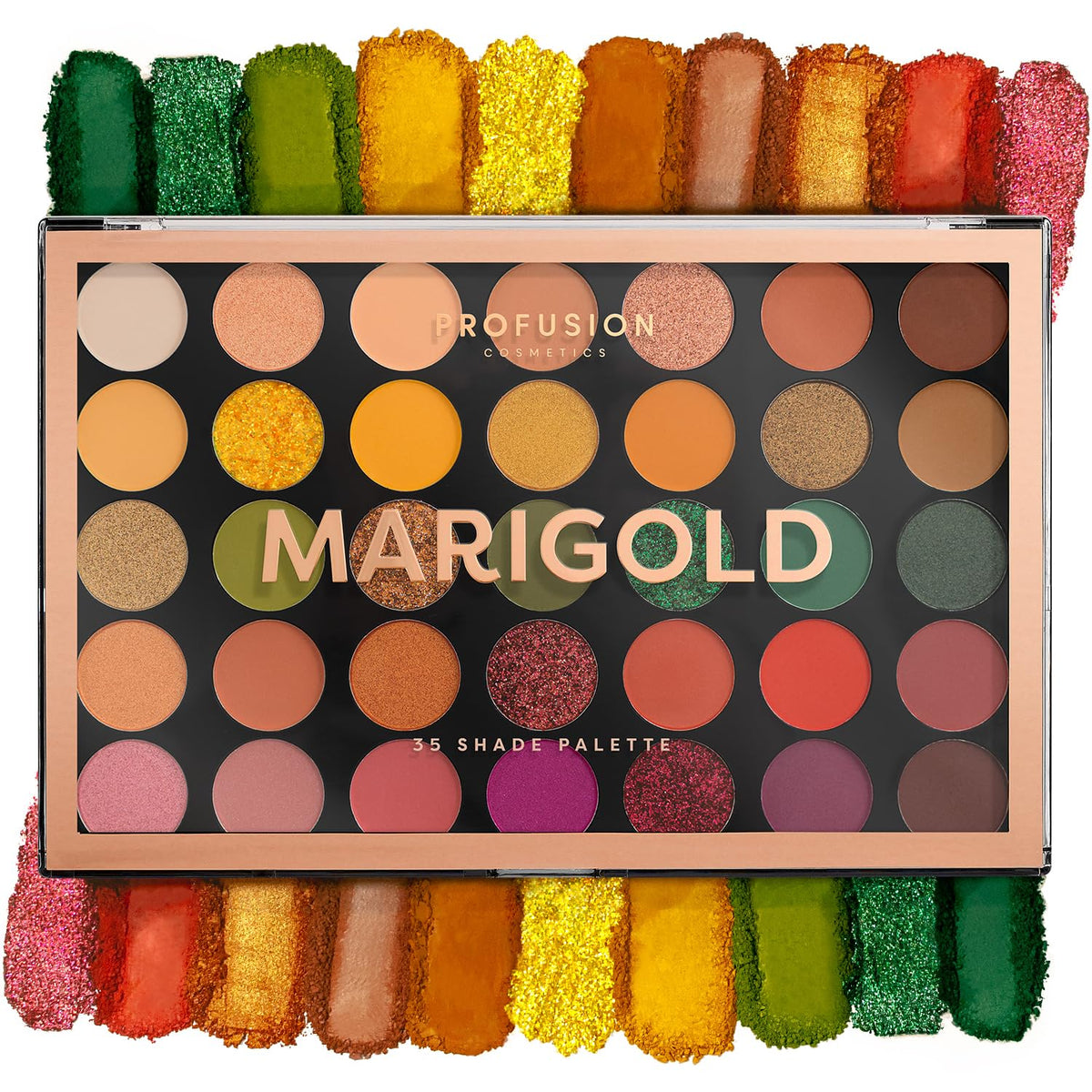 Profusion Cosmetics Marigold 35 Shade Eyeshadow Palette – Multicolor Blendable Natural Shades in Matte, Shimmer, and Glitter Finishes, Long-Wear Formula, Vegan & Cruelty-Free Makeup