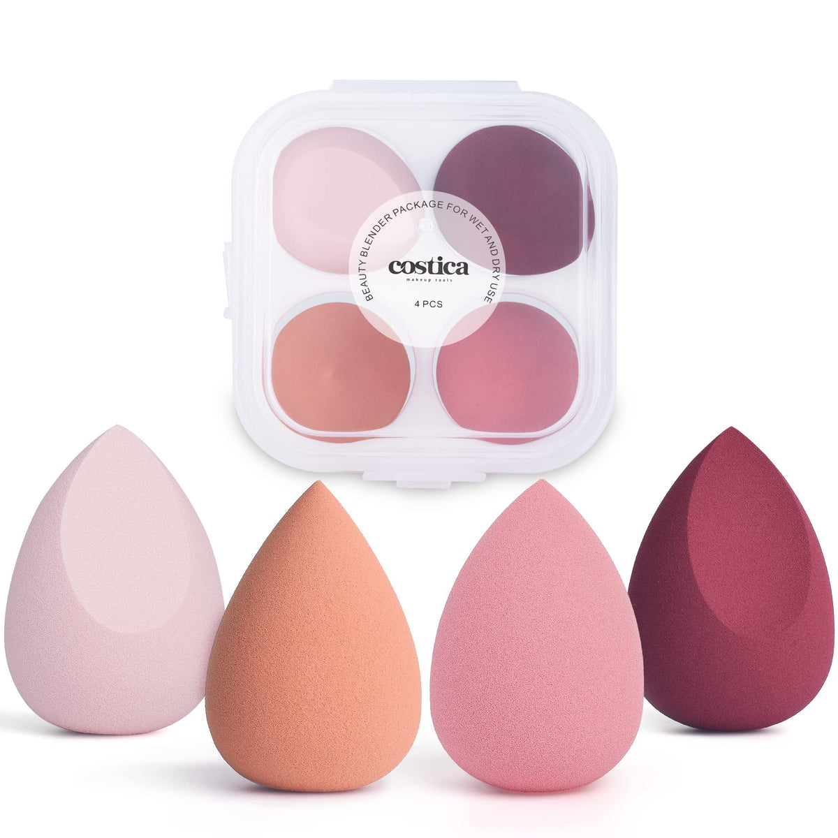COSTICA Makeup Sponge, 4 Pcs Beauty Blender for Foundation Blending Sponge, Multi-colored Makeup Blender with Storage Box, Flawless for Liquid Cream and Powder