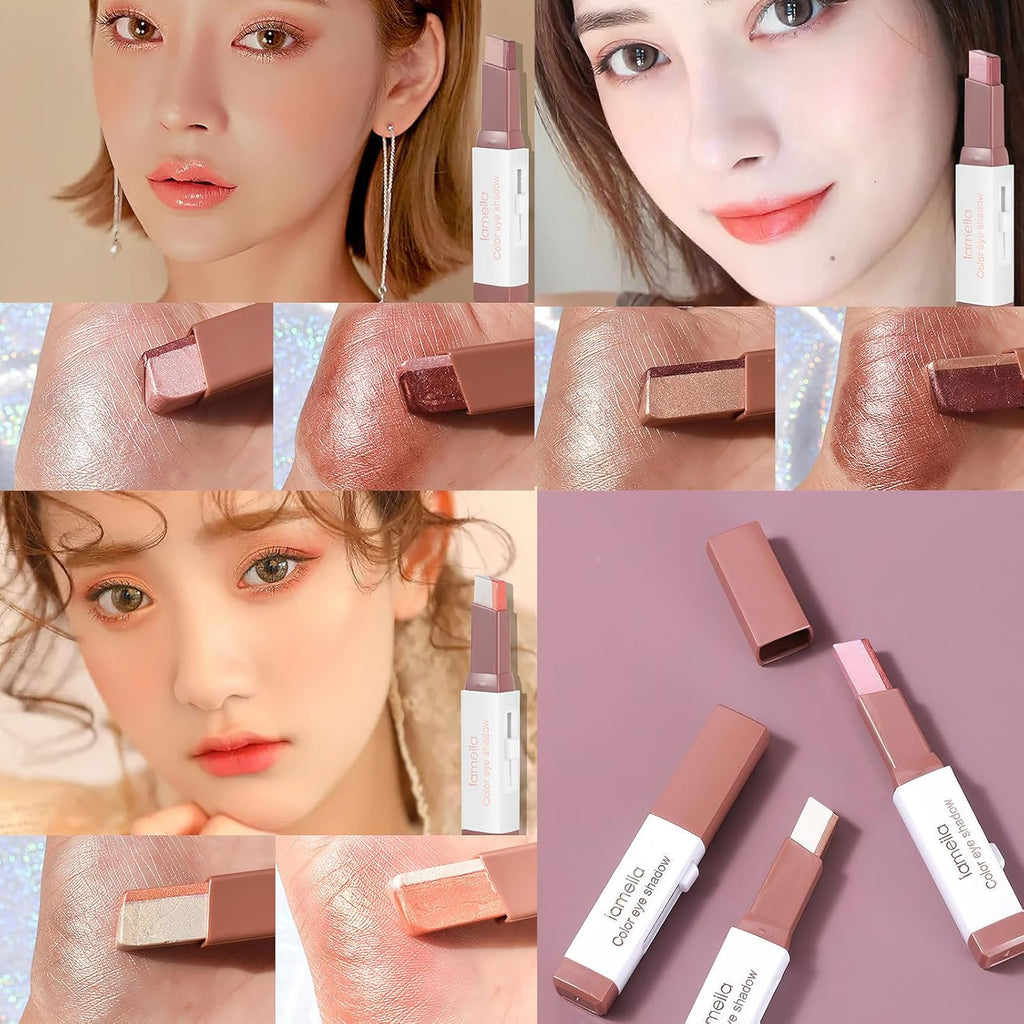 6 Color Eyeshadow Stick Set, Portable Two Tone Eyeshadow Gradient Stick Glitter Gradient Eye shadow Waterproof Eye shadow Pen for Eye Make Up Tool (3 PCS) (PINK)
