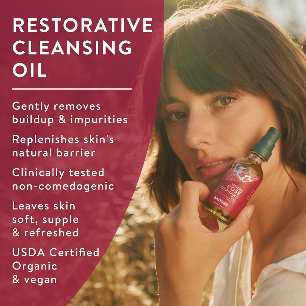 Badger Rose Face Cleansing Oil, 2 fl oz Glass Bottle