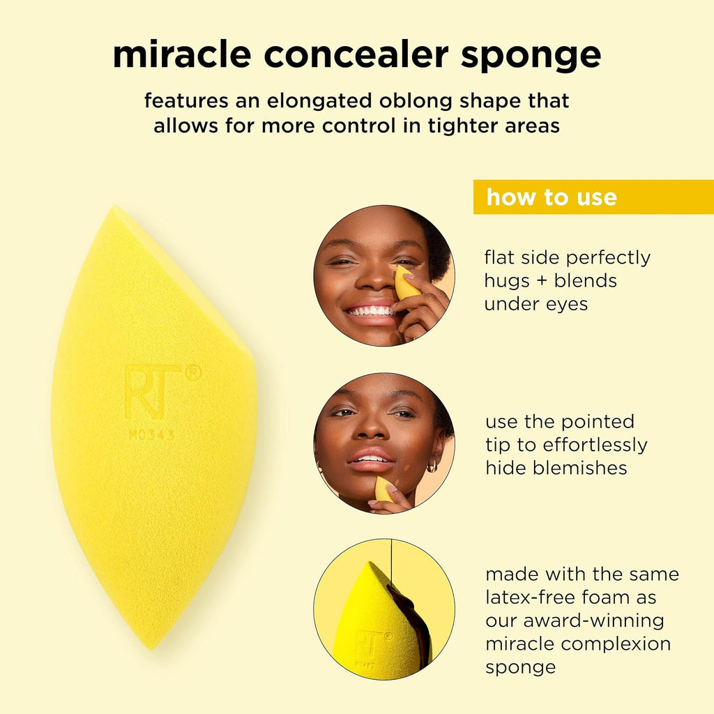 Real Techniques Miracle Concealer Sponge, Makeup Blending Sponge For Liquid & Cream Concealer, Elongated Shape For Precise Application Under Eyes & Tight Areas, Yellow, Latex-Free Foam, 2 Count