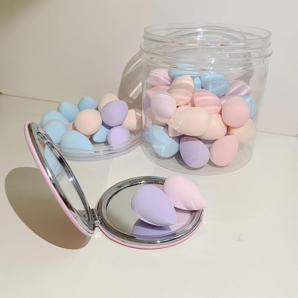 50 PCS Small Mini Makeup Sponges and Powder Puff with Makeup Mirror, Multi Colored Beauty Blender Makeup Sponge Facial Makeup Tools (Sponge egg)