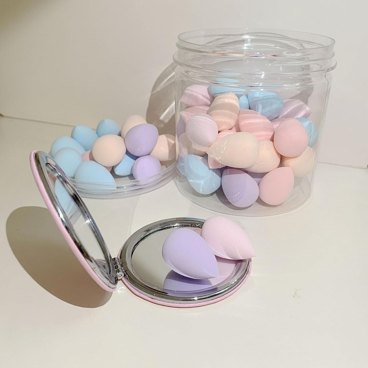 50 PCS Small Mini Makeup Sponges and Powder Puff with Makeup Mirror, Multi Colored Beauty Blender Makeup Sponge Facial Makeup Tools (Sponge egg)