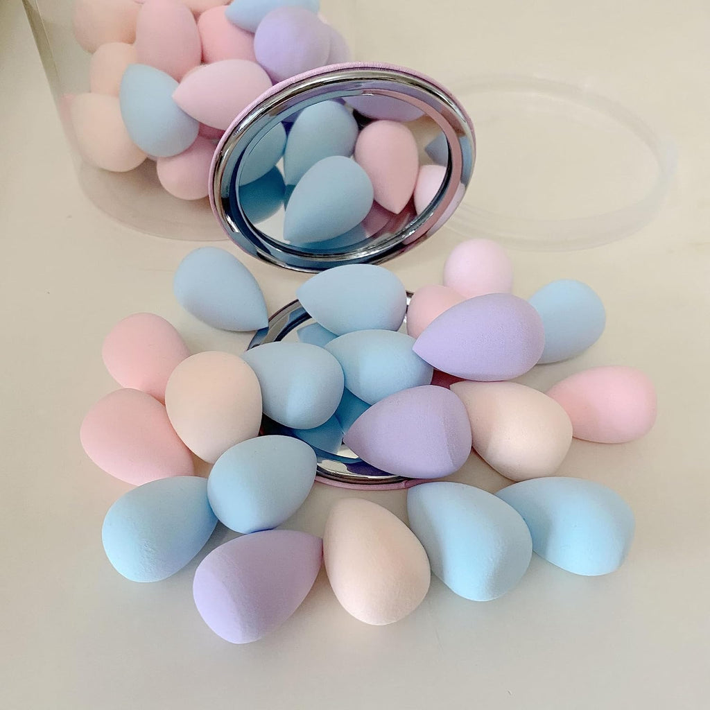 50 PCS Small Mini Makeup Sponges and Powder Puff with Makeup Mirror, Multi Colored Beauty Blender Makeup Sponge Facial Makeup Tools (Sponge egg)