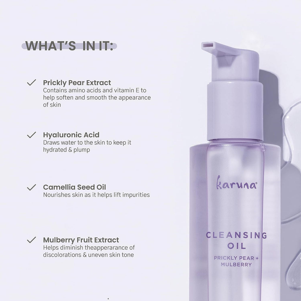 Karuna Cleansing Oil for Face - Gentle Makeup Remover Oil with Camellia, Hyaluronic Acid, Prickly Pear & Aloe - Pre-Cleanse Oil Based Face Cleanser for All Skin Types Including Oily & Blemish-Prone
