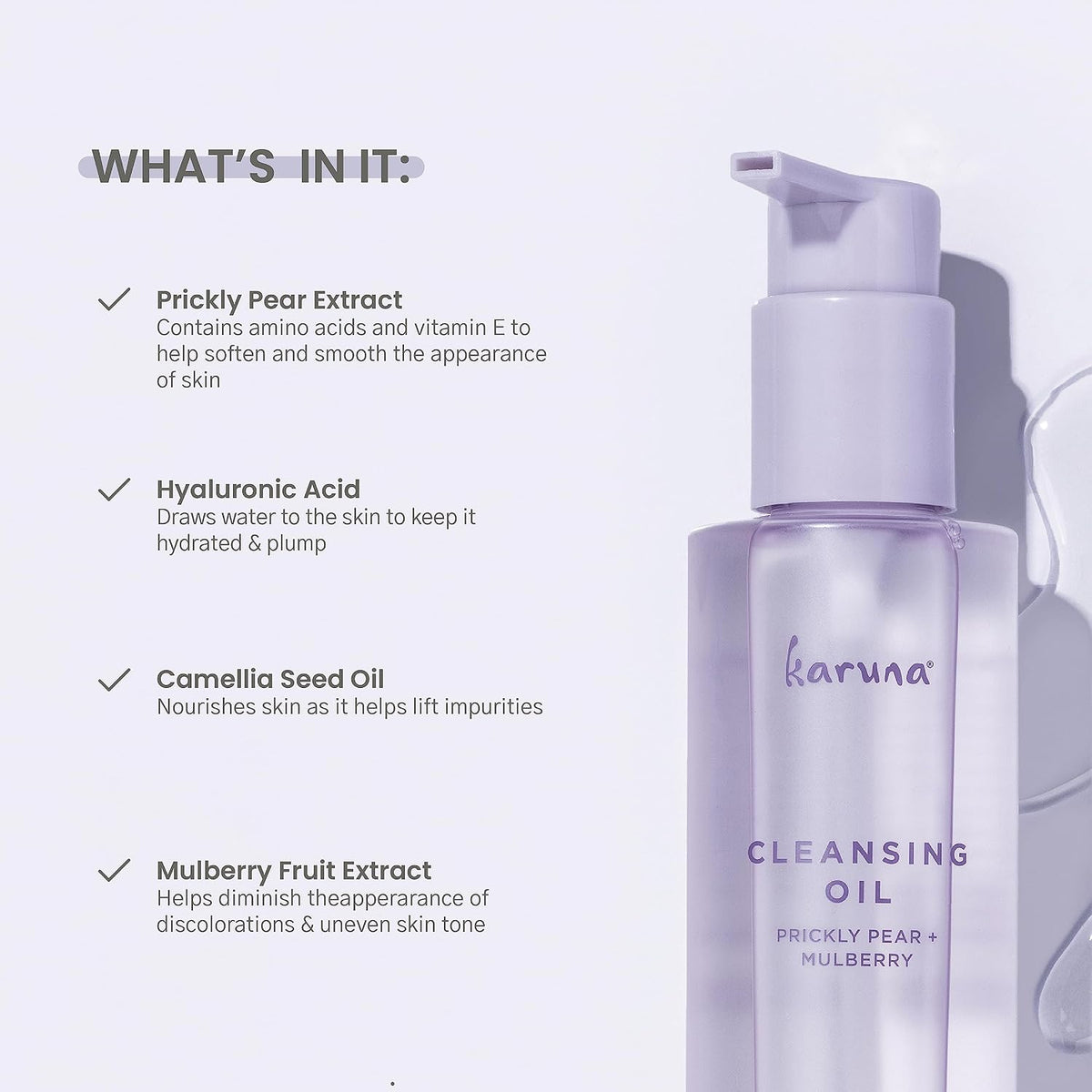 Karuna Cleansing Oil for Face - Gentle Makeup Remover Oil with Camellia, Hyaluronic Acid, Prickly Pear & Aloe - Pre-Cleanse Oil Based Face Cleanser for All Skin Types Including Oily & Blemish-Prone