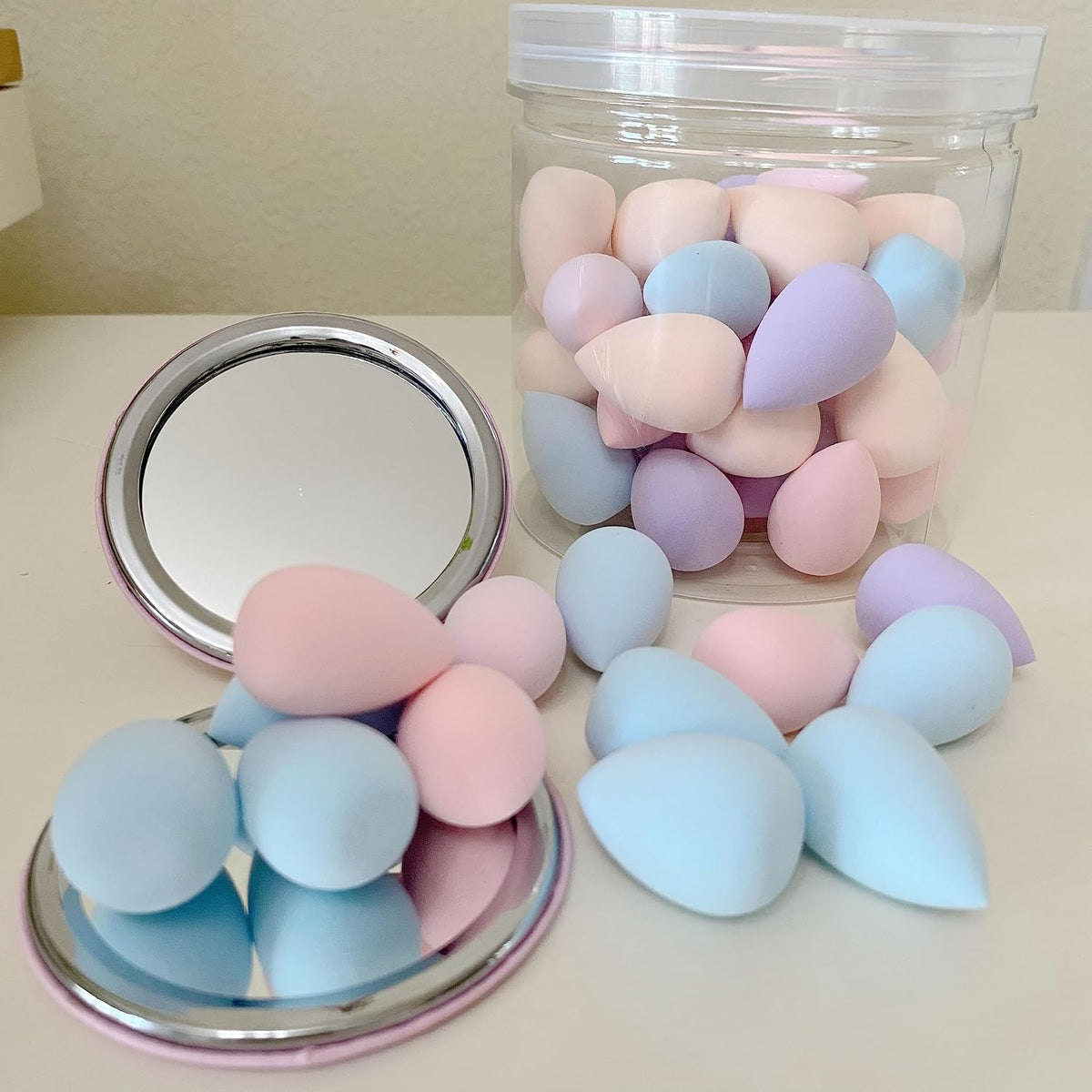 50 PCS Small Mini Makeup Sponges and Powder Puff with Makeup Mirror, Multi Colored Beauty Blender Makeup Sponge Facial Makeup Tools (Sponge egg)