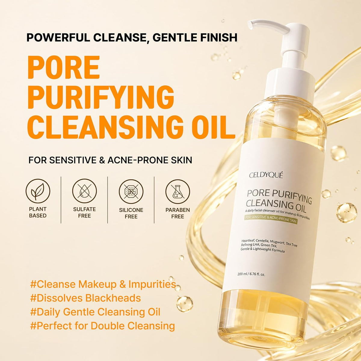 Korean Cleansing Oil Makeup Remover w/ LHA Centella Tea Tree Heartleaf Murwort & Green Tea | Lightweight Deep Pore Cleaner for Blackheads Sebum Waterproof Sunscreen & Sensitive Acne-Prone Skin 6.7 Oz